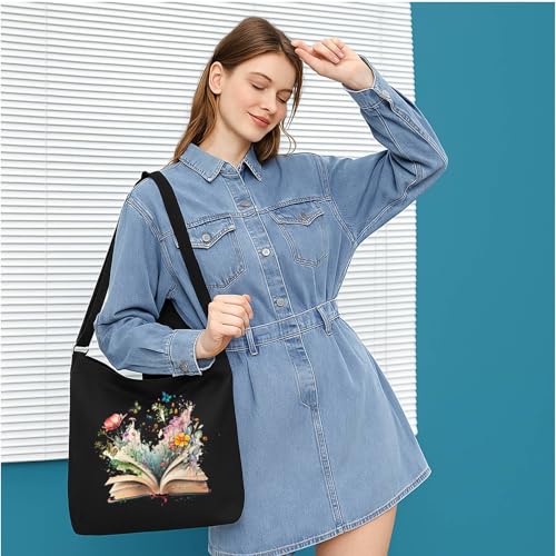 Lify Women's Retro Large Size Canvas Shoulder Bag Hobo Crossbody Handbag Casual Tote - 1 Piece (Black- Book & Flower) - Image 4
