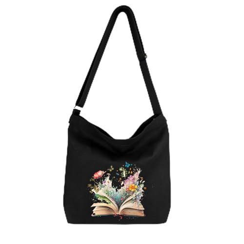 Lify Women's Retro Large Size Canvas Shoulder Bag Hobo Crossbody Handbag Casual Tote - 1 Piece (Black- Book & Flower) - Image 1