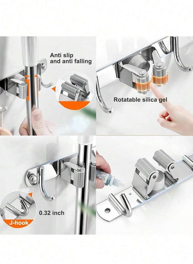 Broom Mop Holder Wall Mount, Stainless Steel Heavy Duty Self Adhesive Garage Organization Tool, Organizer Storage Tool Closet with 3 Racks and 4 Hooks, Perfect for Kitchen, Garden, Room - Image 2