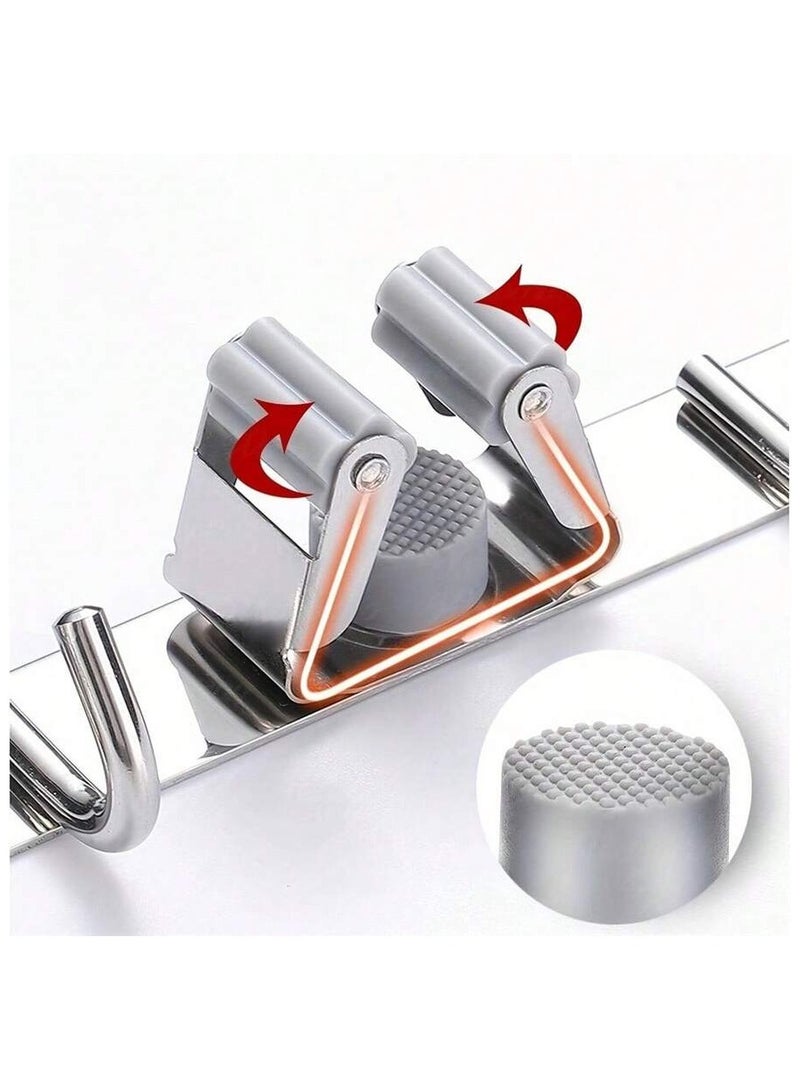Broom Mop Holder Wall Mount, Stainless Steel Heavy Duty Self Adhesive Garage Organization Tool, Organizer Storage Tool Closet with 3 Racks and 4 Hooks, Perfect for Kitchen, Garden, Room - Image 4
