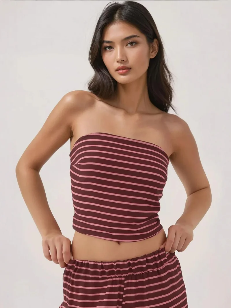 زوبعة طقم قطعتين بلوزة بدون حمالات وبنطلون مخطط