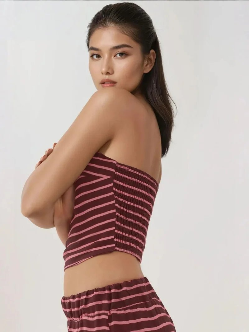 Hiccup Burgundy Red Striped Strapless Top & Pants Two-Piece Coord Set for Women | Best Price UAE