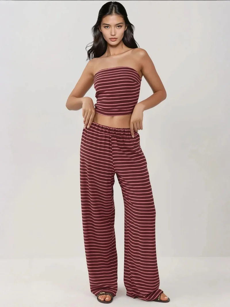 Hiccup Burgundy Red Striped Strapless Top & Pants Two-Piece Coord Set for Women | Best Price UAE