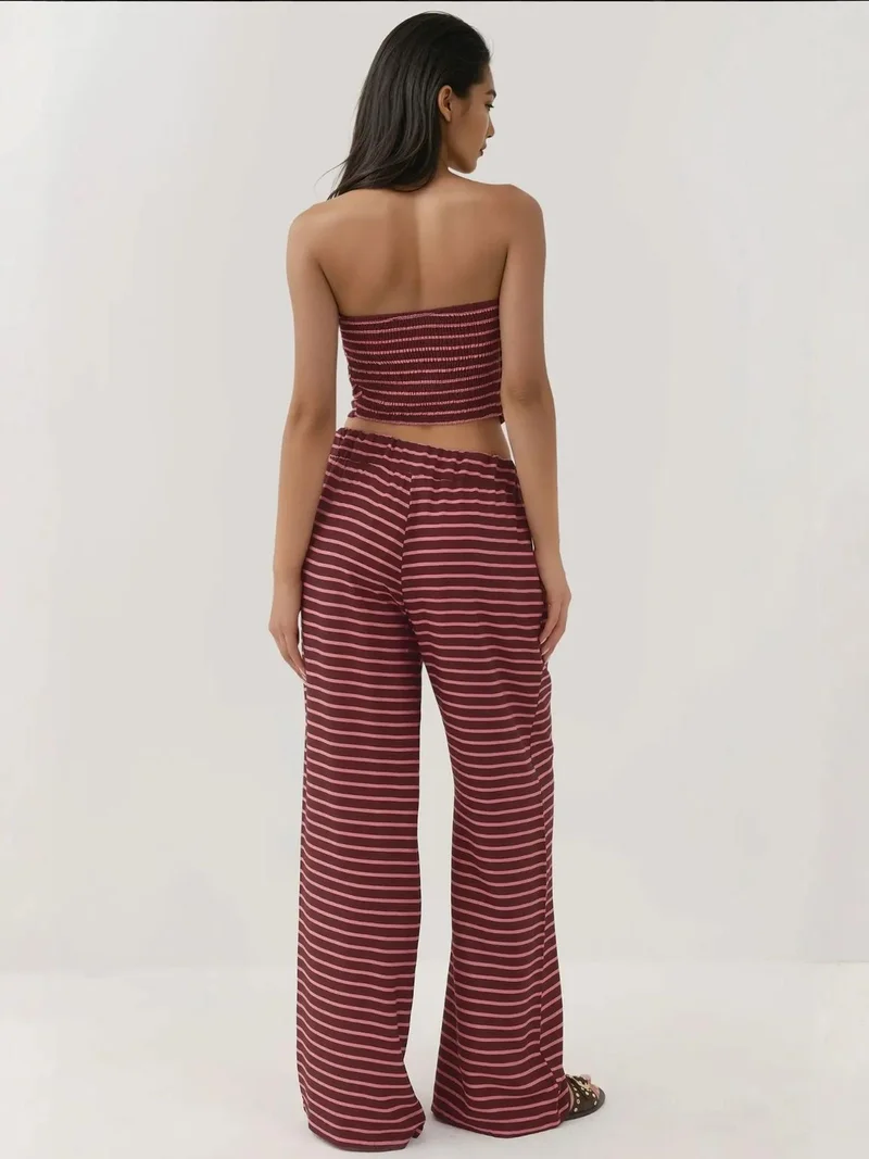 Hiccup Burgundy Red Striped Strapless Top & Pants Two-Piece Coord Set for Women | Best Price UAE