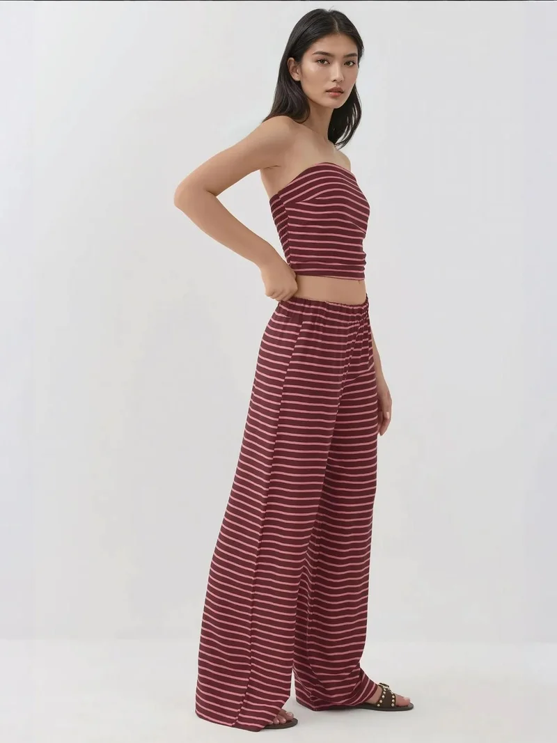 Hiccup Burgundy Red Striped Strapless Top & Pants Two-Piece Coord Set for Women | Best Price UAE