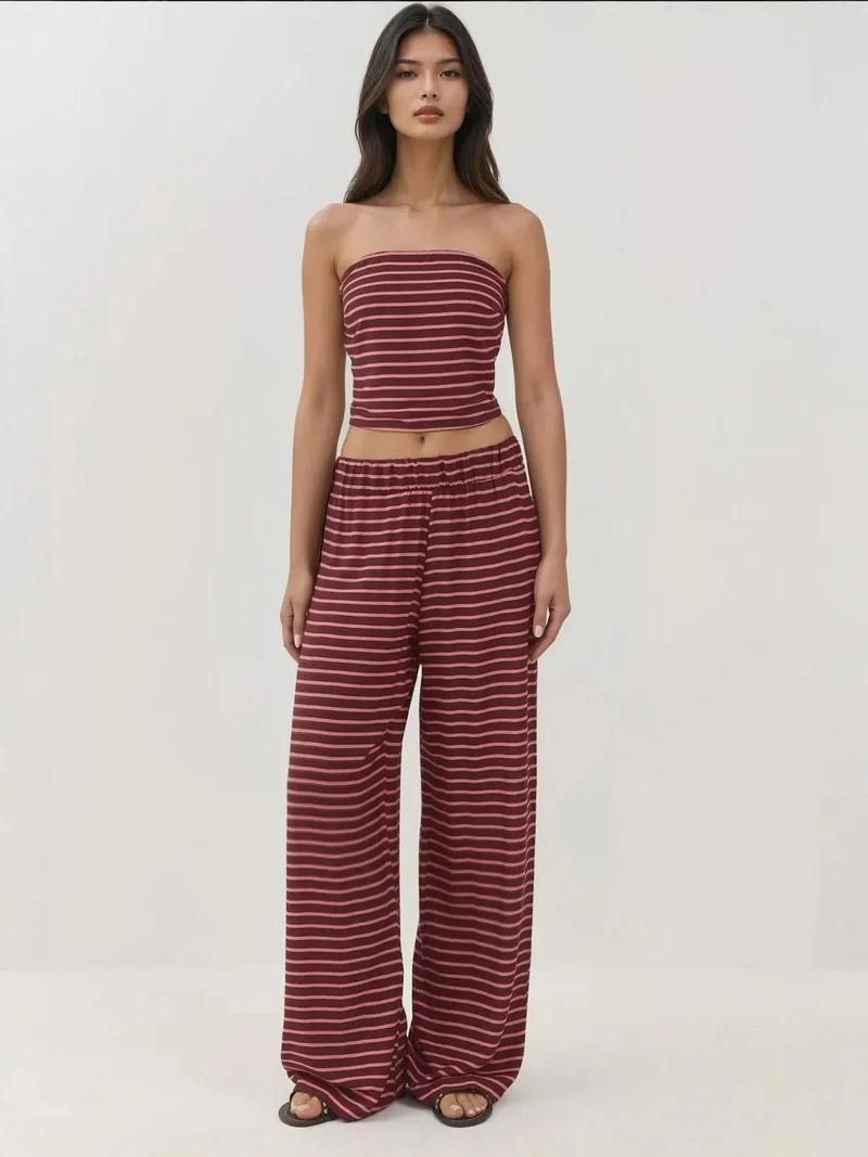 زوبعة طقم قطعتين بلوزة بدون حمالات وبنطلون مخطط