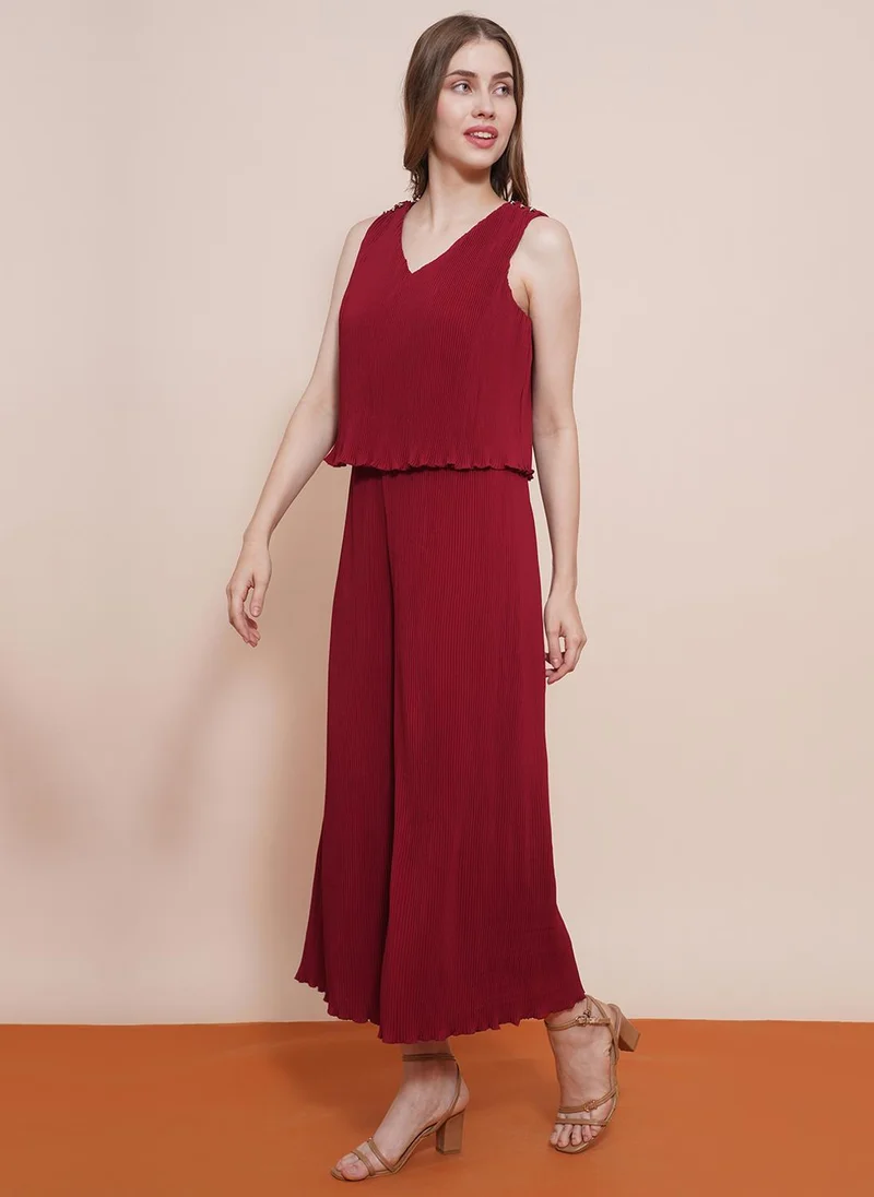 Globus Maroon Globus Women Maroon V-Neck Accordion Pleats Wide Leg Loose Fit Long Party Jumpsuit for Women | Best Price UAE
