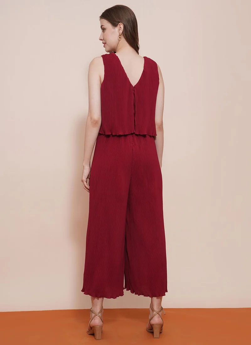 Globus Maroon Globus Women Maroon V-Neck Accordion Pleats Wide Leg Loose Fit Long Party Jumpsuit for Women | Best Price UAE