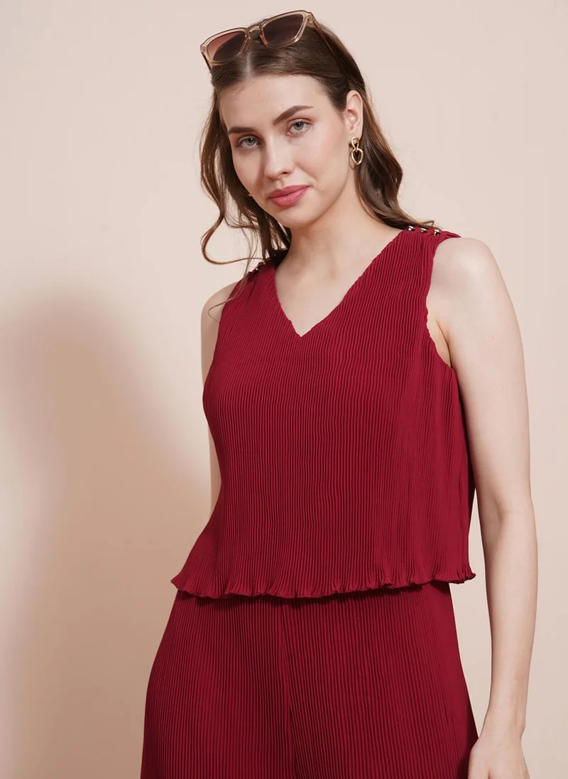Globus Maroon Globus Women Maroon V-Neck Accordion Pleats Wide Leg Loose Fit Long Party Jumpsuit for Women | Best Price UAE
