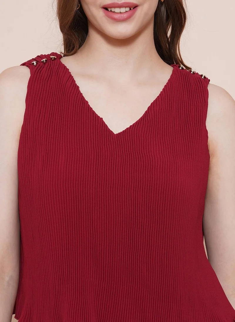 Globus Maroon Globus Women Maroon V-Neck Accordion Pleats Wide Leg Loose Fit Long Party Jumpsuit for Women | Best Price UAE