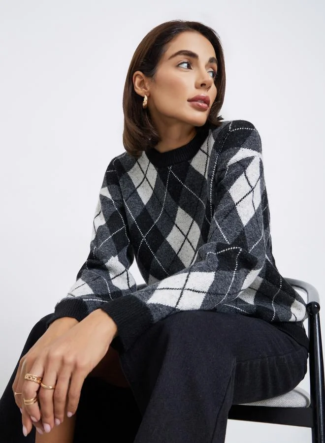 Styli Oversized Argyle Pattern Sweater