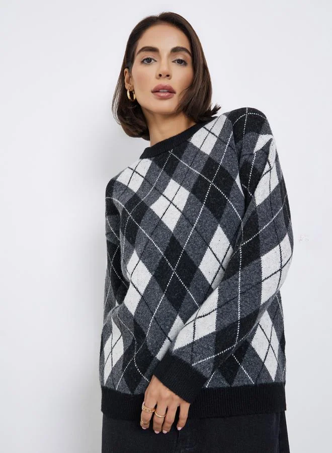 Oversized Argyle Pattern Sweater