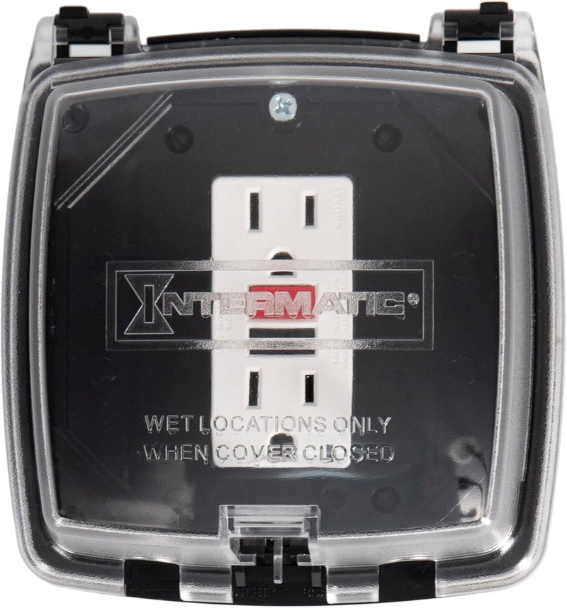 Intermatic WP1020C 2-1/4” Deep Weatherproof Outlet Cover – UV Stabilized Clear, GFCI & Duplex, Vertical Mount, UL Certified – Fits Single Device Only for Larger Double-Gang 4” x 4” Boxes - Image 1