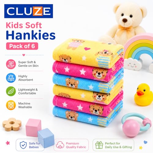 CLUZE Kids Super Soft Hanky Pack | Ultra Soft & Absorbent Baby Face Towels | Multipurpose Rumal for Children & Students | Lightweight, Daily Use & Machine Washable | Multicolour, 25X25 CM | Pack of 6 - Image 3