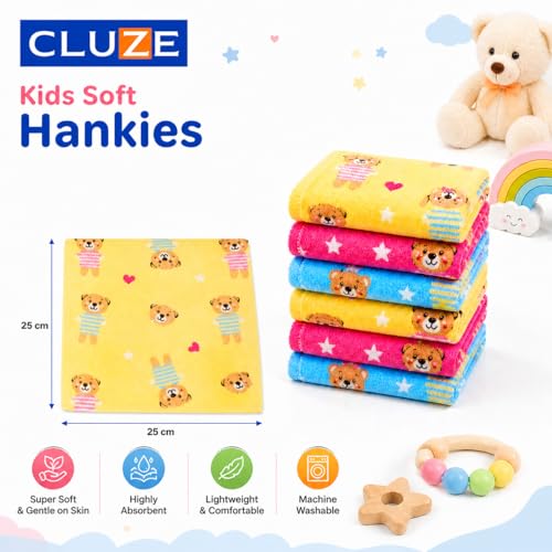 CLUZE Kids Super Soft Hanky Pack | Ultra Soft & Absorbent Baby Face Towels | Multipurpose Rumal for Children & Students | Lightweight, Daily Use & Machine Washable | Multicolour, 25X25 CM | Pack of 6 - Image 2