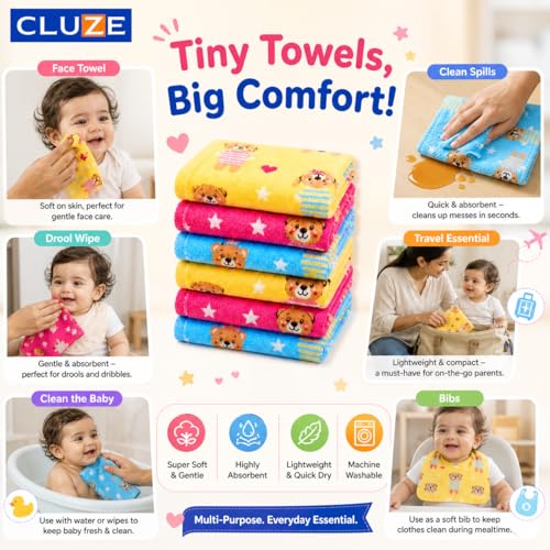 CLUZE Kids Super Soft Hanky Pack | Ultra Soft & Absorbent Baby Face Towels | Multipurpose Rumal for Children & Students | Lightweight, Daily Use & Machine Washable | Multicolour, 25X25 CM | Pack of 6 - Image 5