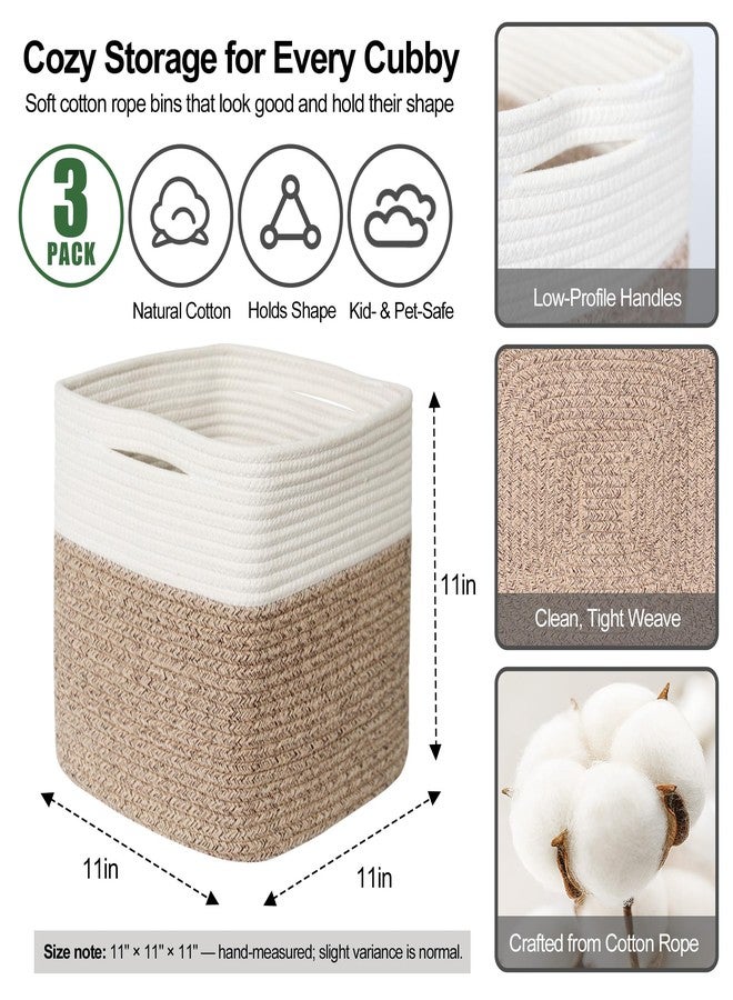 WILLITAT 11x11 Cube Storage Bin - 3 Pack Woven Storage Cubes Organizer, 11 Inch Cotton Rope Baskets for Organizing, Square Baskets for Shelves, Baby Nursery Closet Bins, Cubby Toy Box Organizer - Image 2