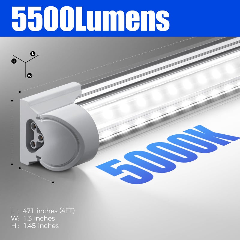 Barrina LED Shop Light, 4FT 40W 5500LM 5000K Daylight White, V Shape, Clear Cover, Linkable with Plug, T8 LED Tube Lights, ETL Listed, 10 Packs - Image 4