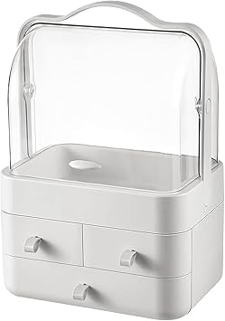 ASAB Cosmetic Storage Box with Lid Makeup Storage Organiser Box Waterproof and Dustproof Portable Handle Large Makeup Display with 3 Drawers Fully Open Clear Lid for Dressing Table Bathroom Bedroom - Image 1
