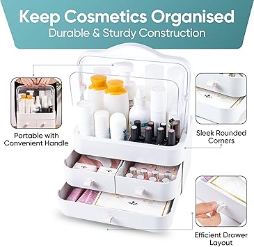 ASAB Cosmetic Storage Box with Lid Makeup Storage Organiser Box Waterproof and Dustproof Portable Handle Large Makeup Display with 3 Drawers Fully Open Clear Lid for Dressing Table Bathroom Bedroom - Image 2