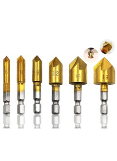Oasisgalore Countersink Drill Bit, Countersink Drill Bit Set 6 Pcs 1/4'' Hex Shank HSS 5 Flute Countersink 90 Degree Center Punch Tool Sets.  - Image 1