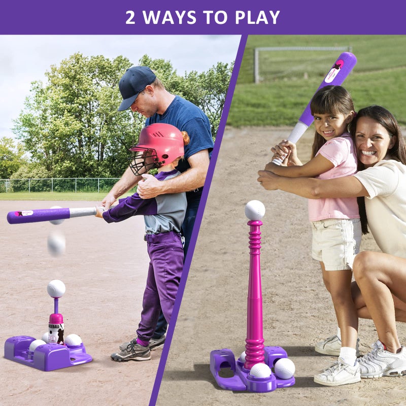 QDRAGON 2 in 1 T Ball Sets for Kids 35 58 Tee Ball Set with Automatic Pitching MachineAdjustable Batting Bat  Stand6 Balls Baseball Toys Outdoor Sport for Toddlers Girls Pink - Image 3