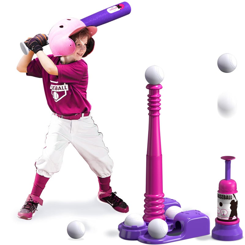QDRAGON 2 in 1 T Ball Sets for Kids 35 58 Tee Ball Set with Automatic Pitching MachineAdjustable Batting Bat  Stand6 Balls Baseball Toys Outdoor Sport for Toddlers Girls Pink - Image 2