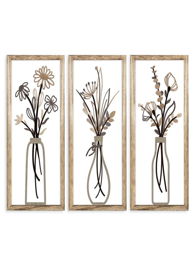 Pigort 3 Pieces Wooden Framed Floral Wall Arts - Farmhouse Flower Wall Art Natural Themed Home Wall Decors for Living Room Bedroom Dining Room Office 7.8x15.7 Inch (Brown) - Image 1