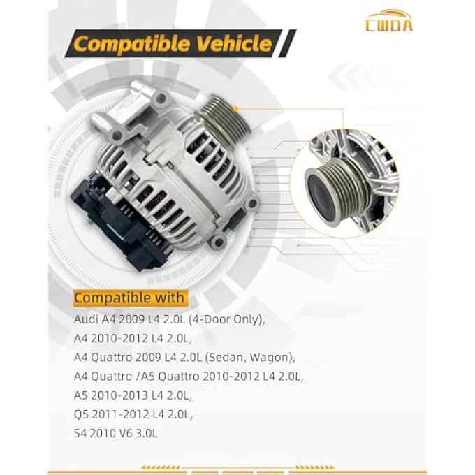 CWDA 06H903016L New Alternator 140Amp Compatible With Audi A4 A4 Quattro 2009-2012, A5 2010-2013, A5 Quattro 2010-2012, S4 10, Q5 2011-2012, 2.0L 3.0L 106H-903-016 06H-903-016LX - Image 3