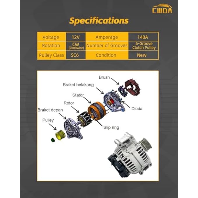 CWDA 06H903016L New Alternator 140Amp Compatible With Audi A4 A4 Quattro 2009-2012, A5 2010-2013, A5 Quattro 2010-2012, S4 10, Q5 2011-2012, 2.0L 3.0L 106H-903-016 06H-903-016LX - Image 5