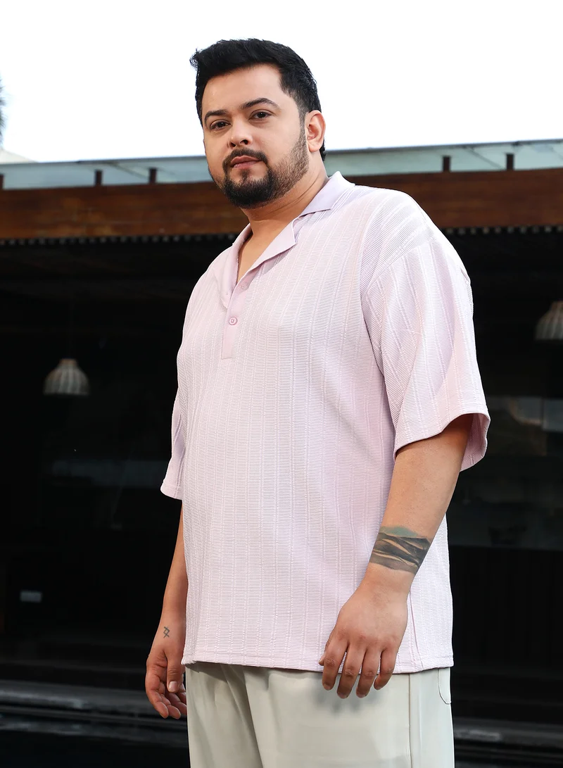 Instafab Plus Instafab Plus Men's Baby Pink Coil-Tactile Cuban Polo T-Shirt For Casual Wear | Polo Neck | Short Cuffed Sleeves | Half-Button Closure | Plus Size T-Shirt Crafted With Comfort Fit For Everyday Wear