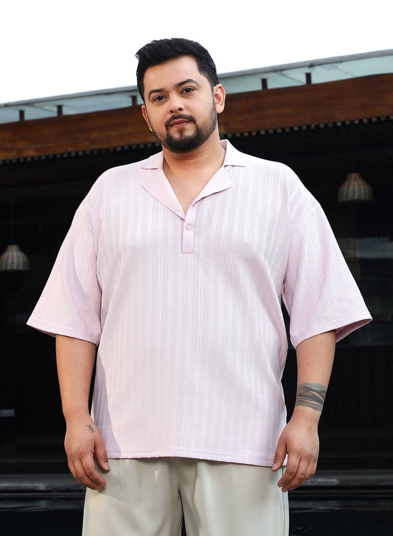 Instafab Plus Instafab Plus Men's Baby Pink Coil-Tactile Cuban Polo T-Shirt For Casual Wear | Polo Neck | Short Cuffed Sleeves | Half-Button Closure | Plus Size T-Shirt Crafted With Comfort Fit For Everyday Wear - Image 2