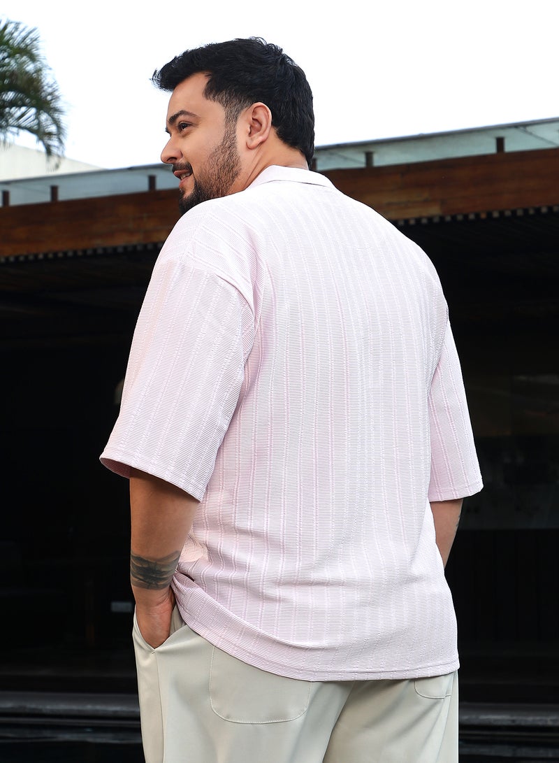 Instafab Plus Instafab Plus Men's Baby Pink Coil-Tactile Cuban Polo T-Shirt For Casual Wear | Polo Neck | Short Cuffed Sleeves | Half-Button Closure | Plus Size T-Shirt Crafted With Comfort Fit For Everyday Wear - Image 5