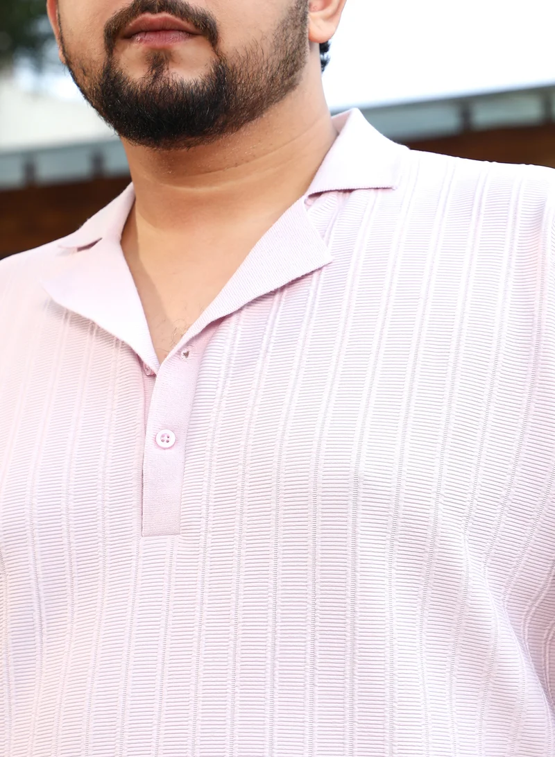 Instafab Plus Instafab Plus Men's Baby Pink Coil-Tactile Cuban Polo T-Shirt For Casual Wear | Polo Neck | Short Cuffed Sleeves | Half-Button Closure | Plus Size T-Shirt Crafted With Comfort Fit For Everyday Wear