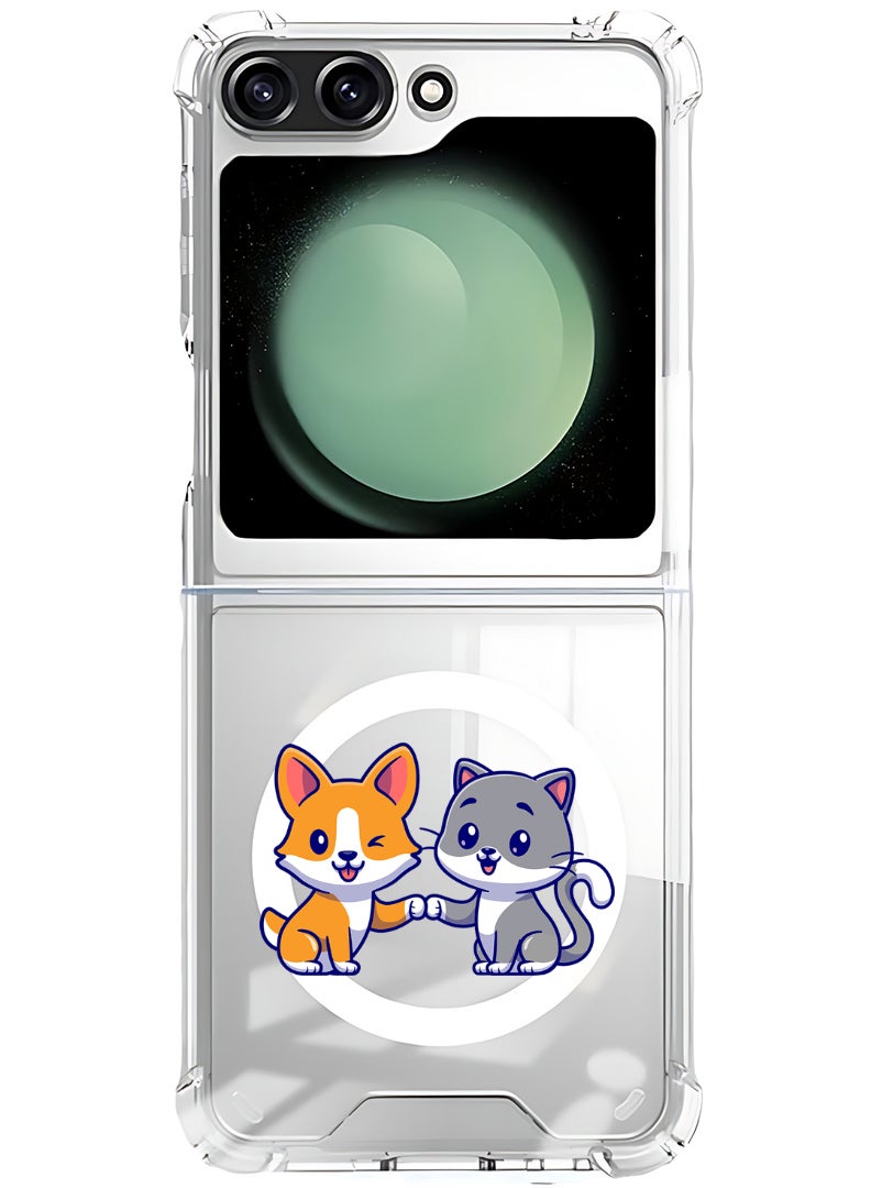 Theodor Magnetic Case for Samsung Galaxy Z Flip 5 Compatible with MagSafe Wireless Charging, Shockproof Phone Bumper Cover Cat and dog friendship - Image 1