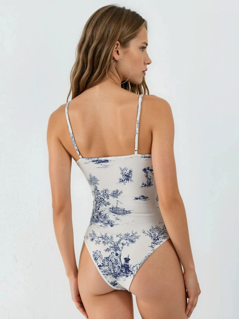 Hiccup Blue V-neck Patterned Bodysuit for Women | Best Price UAE
