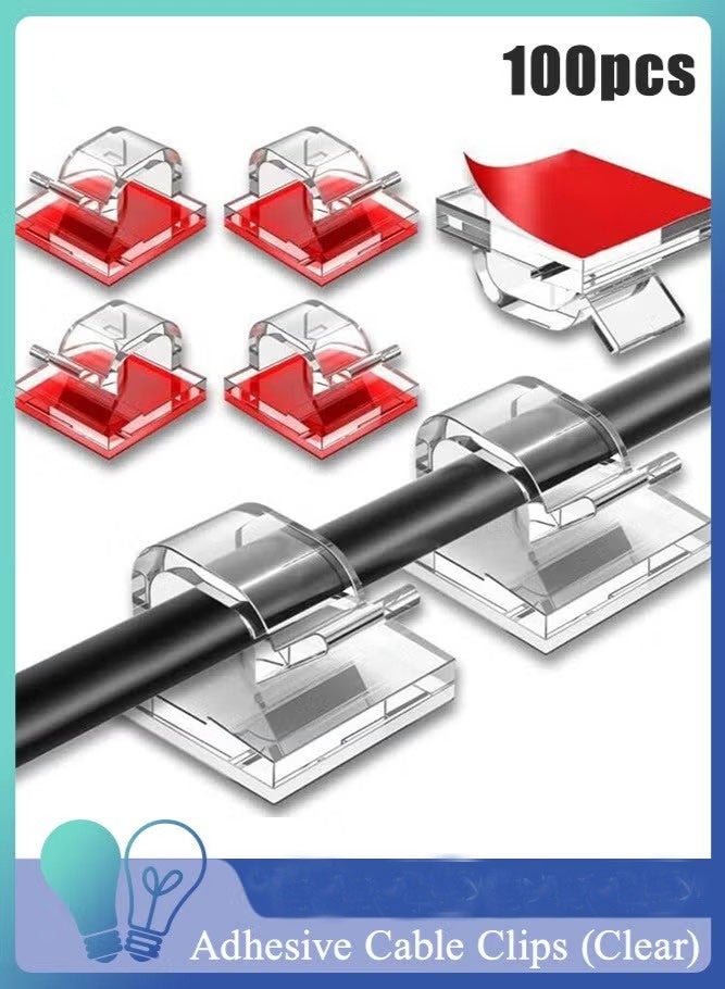 مجموعة من 100 مشبك كابلات لاصق، منظم أسلاك مُحسّن مع لاصق قوي، نظام إدارة الأسلاك أسفل المكتب والجدار لشرائط الإضاءة LED، أسلاك التمديد، إعدادات المسرح المنزلي (شفاف كبير) - Image 1