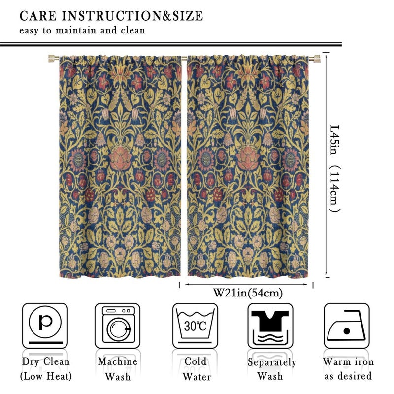 GoDazzling Retro Bohemian William Morris Plant Floral Blackout Window Curtains, Abstract Vintage Country Floral Leaf Pattern Print Window Drapes, for Bedroom Living Room 21(W)*45(L) 2 Panels - Image 2