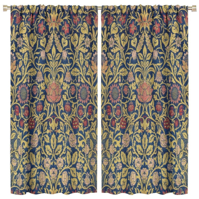 GoDazzling Retro Bohemian William Morris Plant Floral Blackout Window Curtains, Abstract Vintage Country Floral Leaf Pattern Print Window Drapes, for Bedroom Living Room 21(W)*45(L) 2 Panels - Image 1