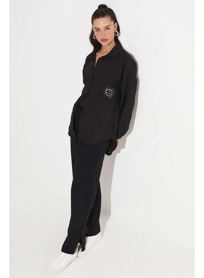 JUNE June Embroidery Detailed Shirt Black