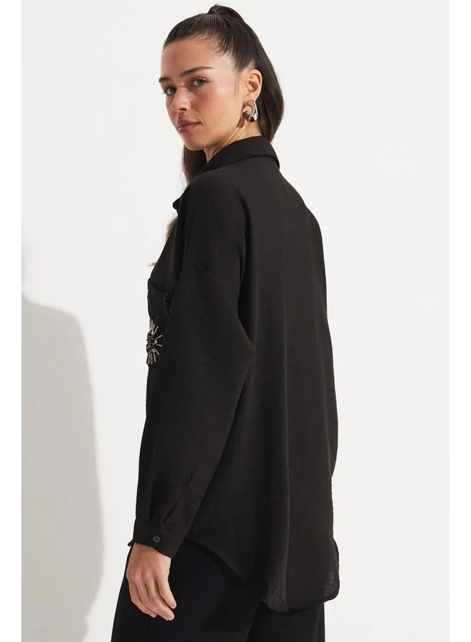 JUNE June Embroidery Detailed Shirt Black