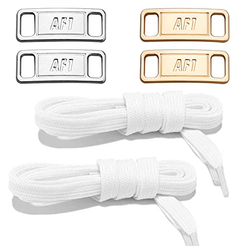 NDTEZUGT 2 Pair Flat Shoelaces 36"-72" Length Replacement Laces for Air Force 1,with 2 Pair Shoe Lace Charms for AF1 Sneakers, 5/16" Wide Shoe Strings Replacement for Jordans 1 (White, 54"/138cm) - Image 1
