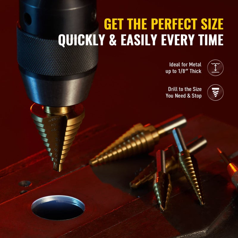 ZELCAN HSS 5PCS Titanium Step Drill Bit Set with Automatic Center Punch for Sheet Metal with Aluminum Case, 50 Sizes in 5 High Speed Multiple Hole Stepped Up Steel Bits for DIY Lovers - Image 3