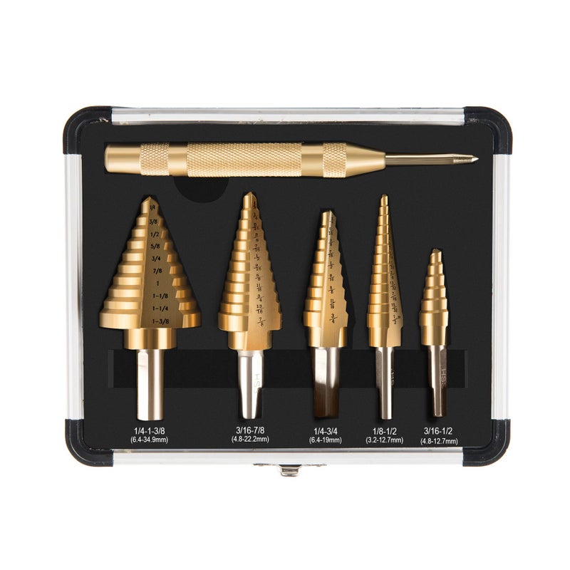 ZELCAN HSS 5PCS Titanium Step Drill Bit Set with Automatic Center Punch for Sheet Metal with Aluminum Case, 50 Sizes in 5 High Speed Multiple Hole Stepped Up Steel Bits for DIY Lovers - Image 1