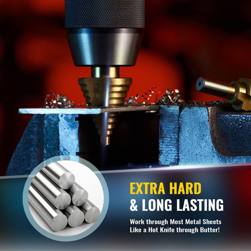 ZELCAN HSS 5PCS Titanium Step Drill Bit Set with Automatic Center Punch for Sheet Metal with Aluminum Case, 50 Sizes in 5 High Speed Multiple Hole Stepped Up Steel Bits for DIY Lovers - Image 4