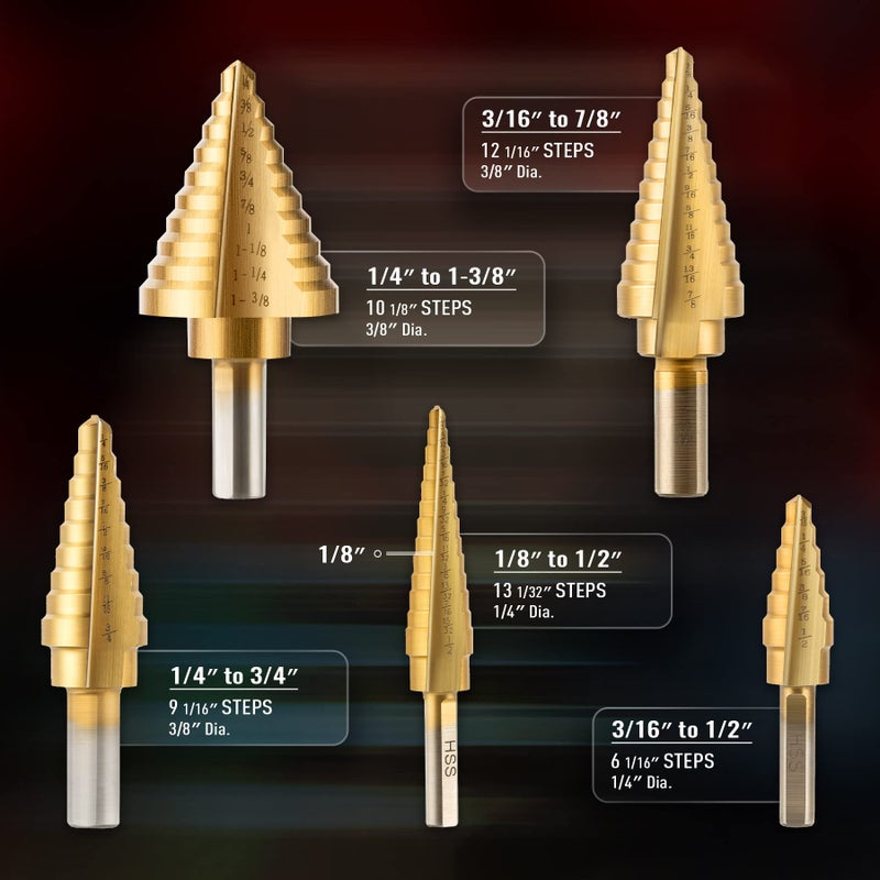 ZELCAN HSS 5PCS Titanium Step Drill Bit Set with Automatic Center Punch for Sheet Metal with Aluminum Case, 50 Sizes in 5 High Speed Multiple Hole Stepped Up Steel Bits for DIY Lovers - Image 2