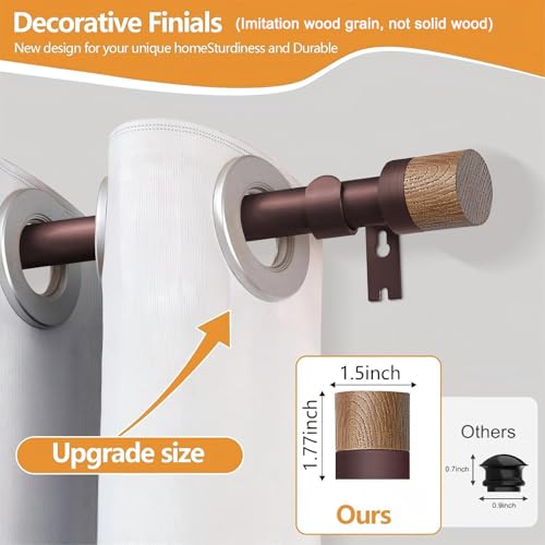 QITERI Bronze Curtain Rods for Windows 72 to 144 Inches(6-12ft),1 inch Adjustable Window Curtain Rods with Imitation Wood Grain Finials,Heavy Duty Decorative Drapery Rod for Bedroom,Kitchen and patio - Image 2