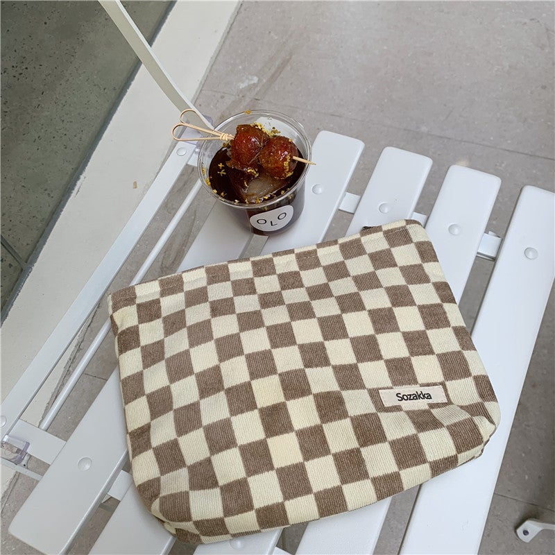Corduroy Checkered Cosmetic Pouch Women light brown lattice
