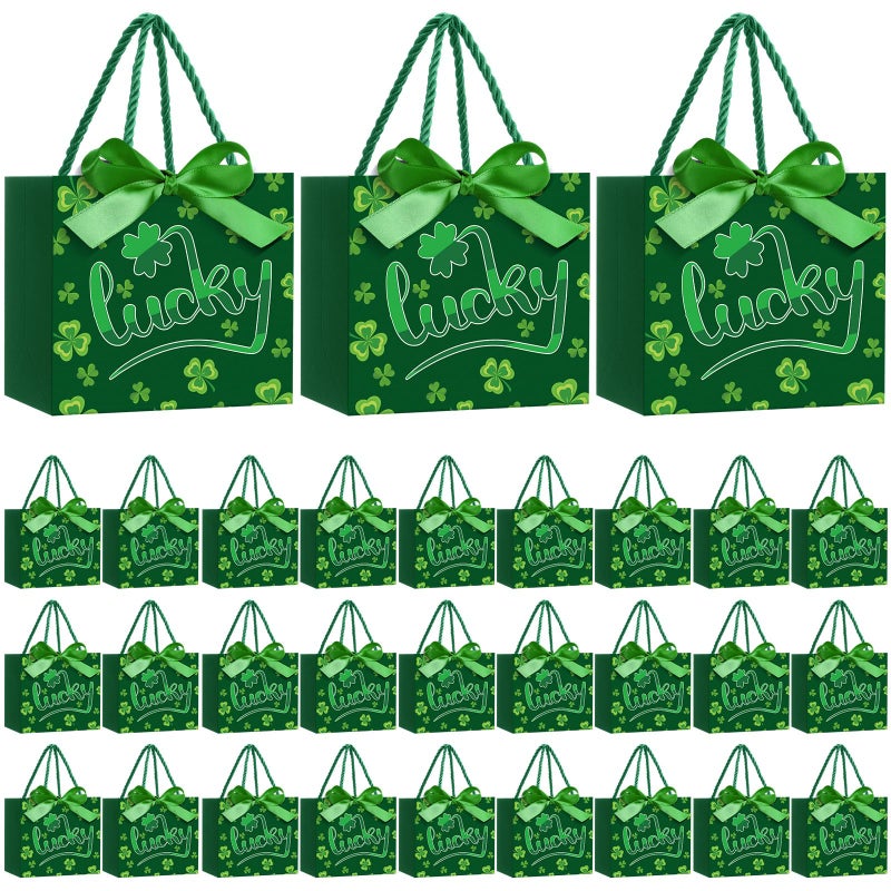 Moinchore 30 Pcs St Patrick's Day Gift Bags Bulk with Handles Bow Ribbon Wrap 5.5 x 4.7 x 2.5 in Green Shamrock Goodie Bags Irish Holiday Party Favors Supplies for Candy Snacks - Image 1