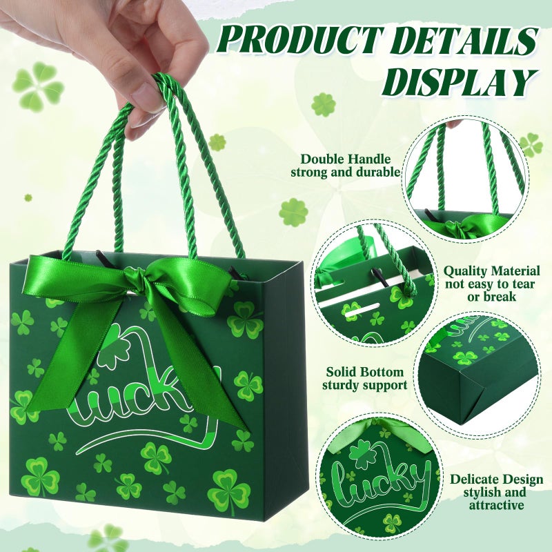 Moinchore 30 Pcs St Patrick's Day Gift Bags Bulk with Handles Bow Ribbon Wrap 5.5 x 4.7 x 2.5 in Green Shamrock Goodie Bags Irish Holiday Party Favors Supplies for Candy Snacks - Image 3